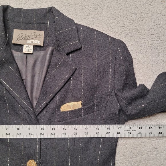 VTG Rickie Freeman Teri John Blazer Jacket 2 Black Wool Pinstripes Gold Longline - Picture 11 of 16